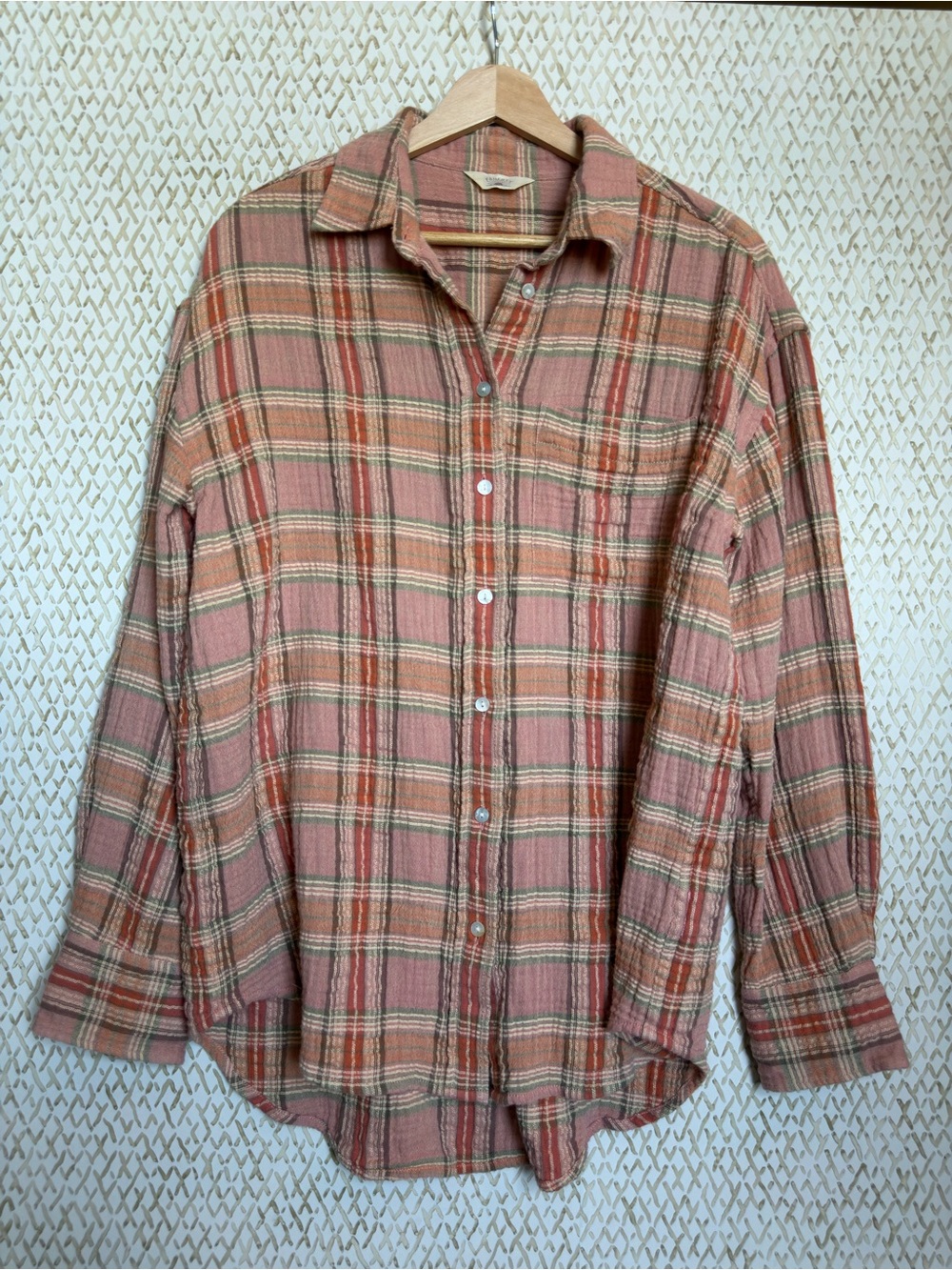 Faherty Rust Sage Plaid Oversized Button Down Shirt Organic Cotton Size S Fits M